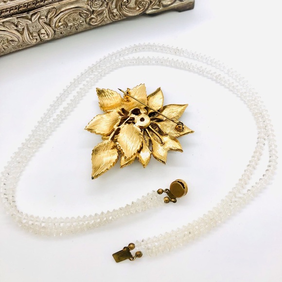 Vintage Deco Clear Crystal Necklace & Rhinestone Flower Brooch - Picture 2 of 10